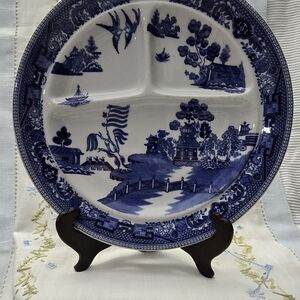 Buffalo David Bitton Blue and White Divided Willow Pattern Dinner Plate
